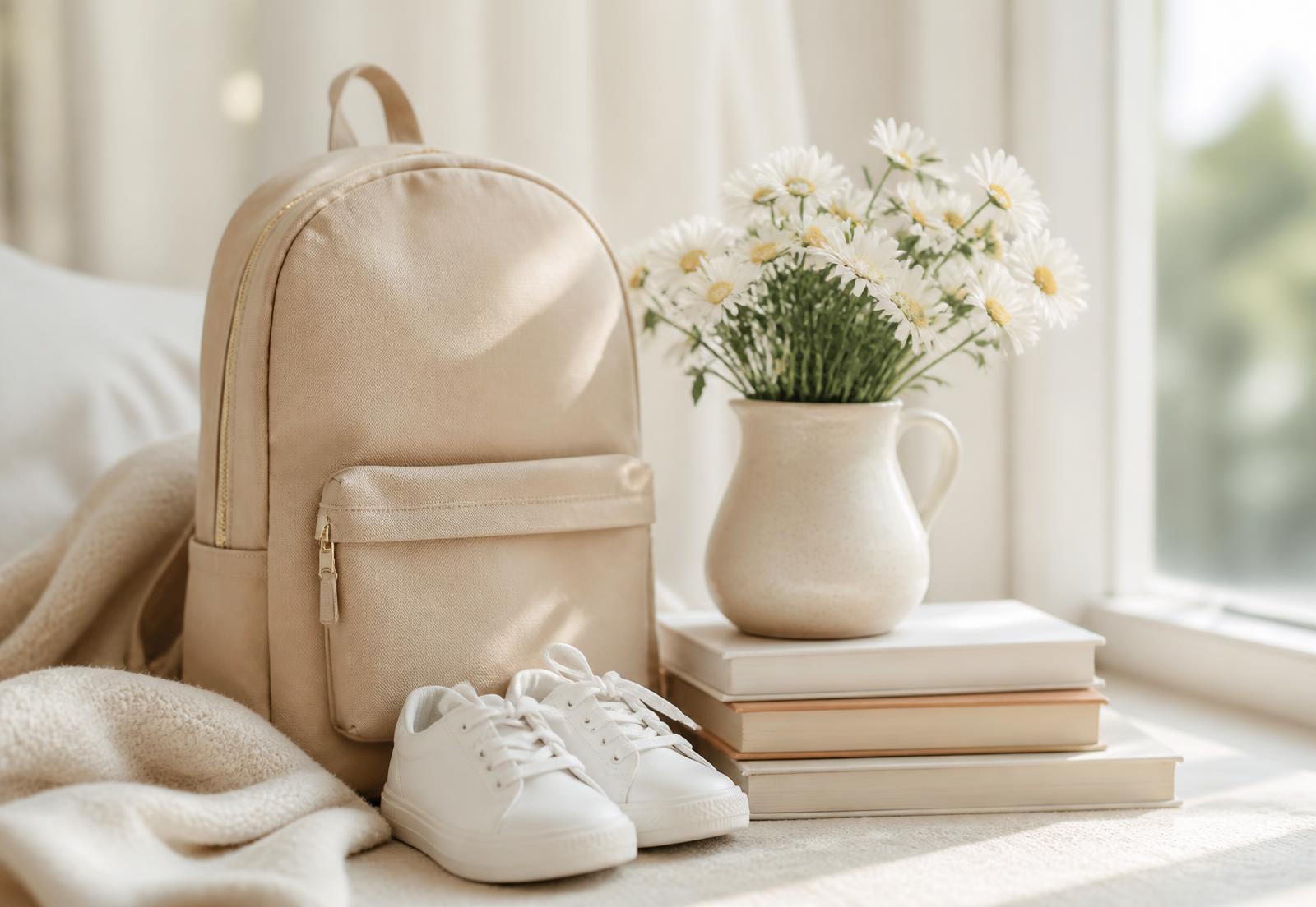Beige school backpack, white sneakers, books and daisies in soft morning light