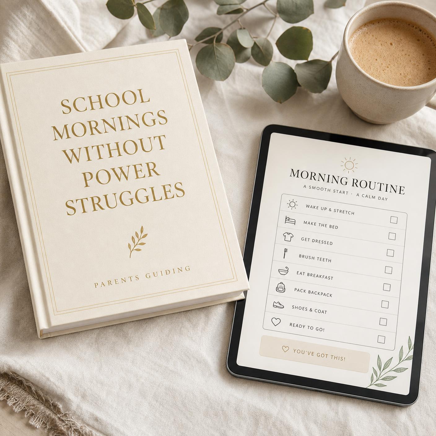 The Calm Morning Blueprint guide shown as a printed book on linen