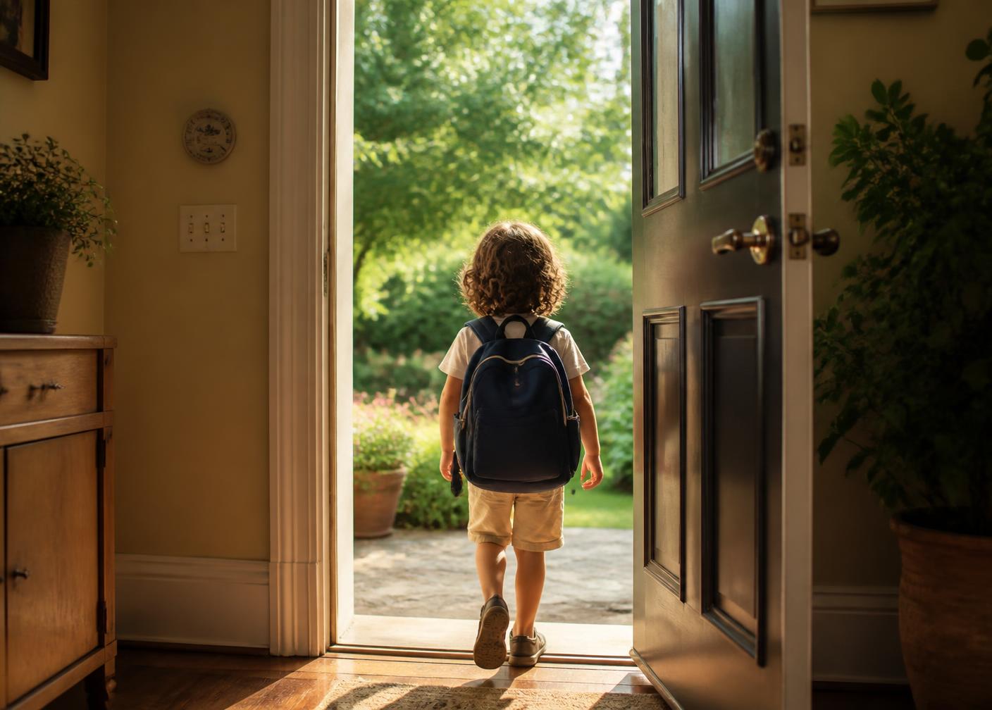 A child with a navy backpack walking out of the front door into a sunlit garden